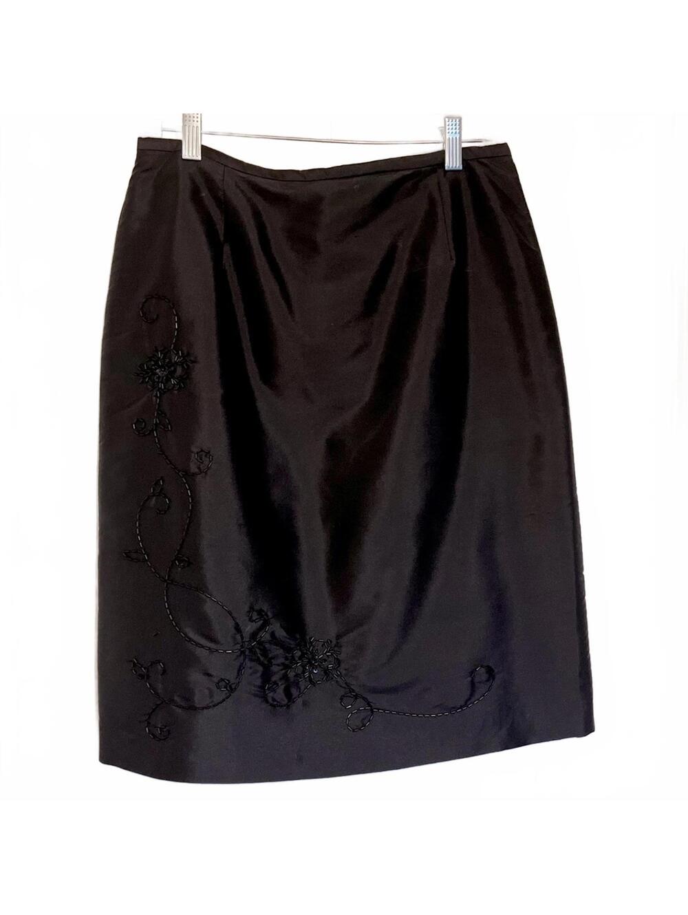 Vintage Amanda Smith Silk Skirt – Black Floral Beaded Detail